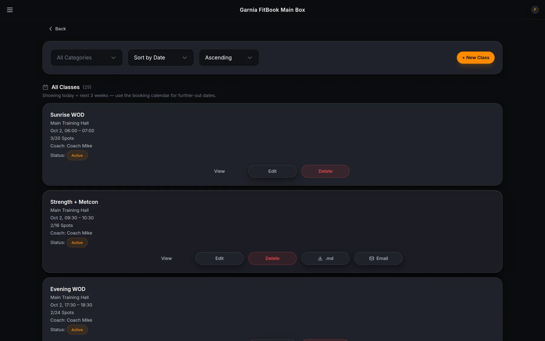 The class schedule screen showing upcoming classes with capacity, coach and status