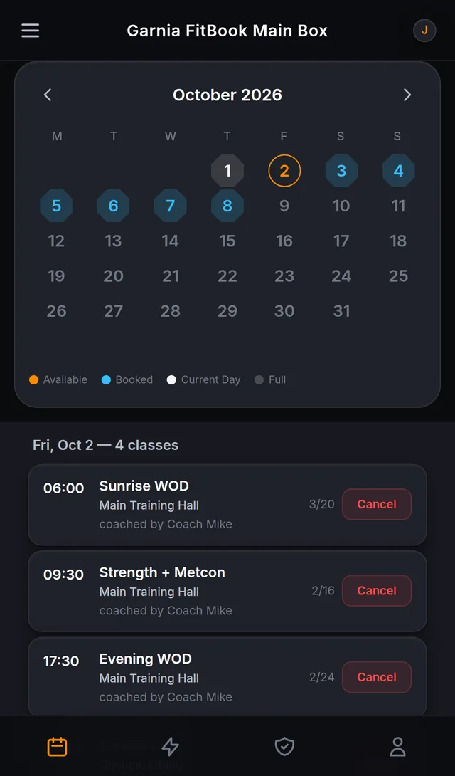 Monthly booking calendar with available and booked days marked