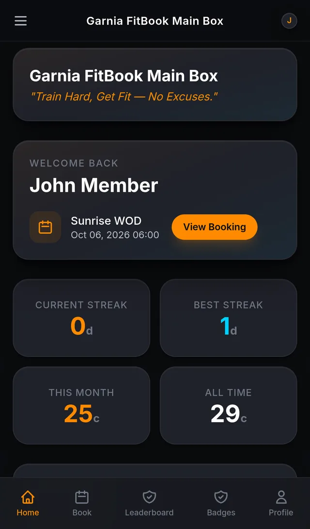Member dashboard showing upcoming classes and progress